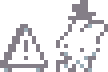a pixelart of a small cartoon rabbit with a tiny hat sitting besides a triangular sign with an exclamation point on it.